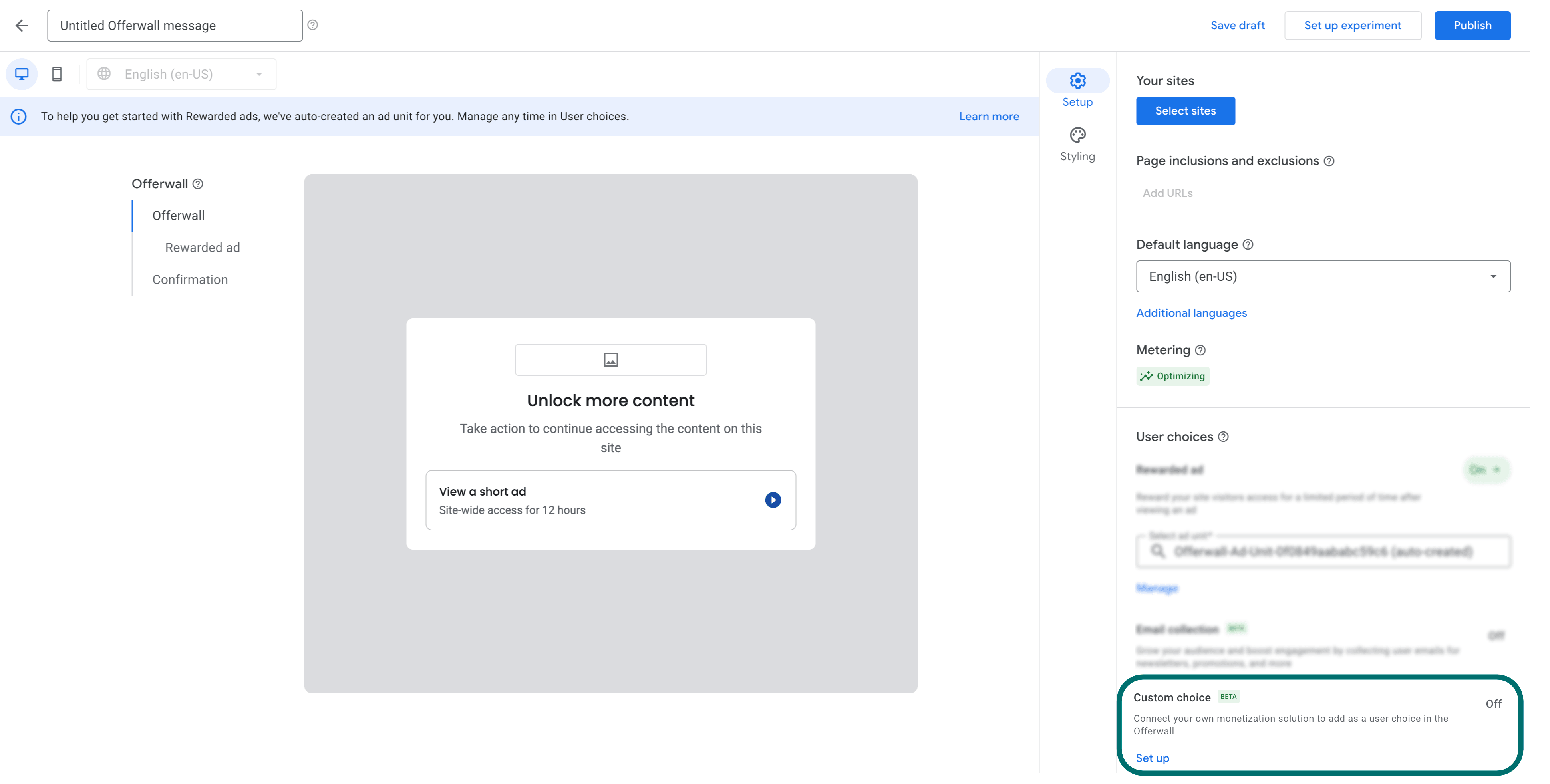 Offerwall message creation screen with the Custom choice option highlighted