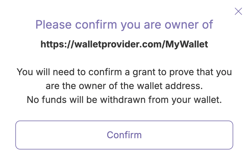 Confirmation prompt showing wallet address and confirm button