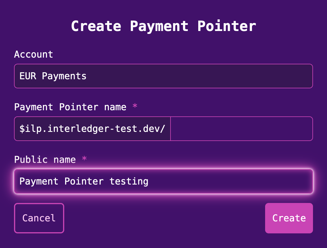 Create payment pointer screen with account, payment pointer name, and public name fields