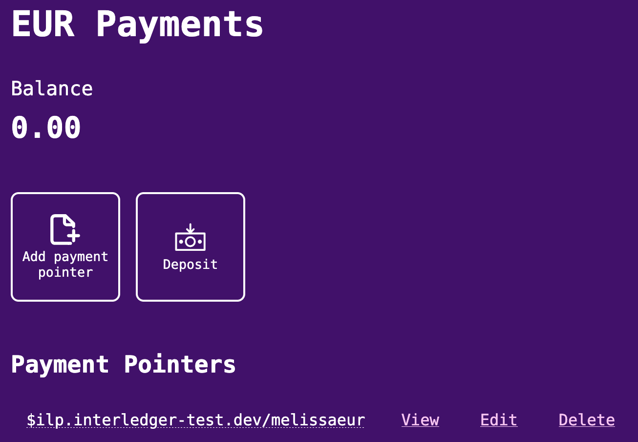 Account showing no balance and newly created payment pointer